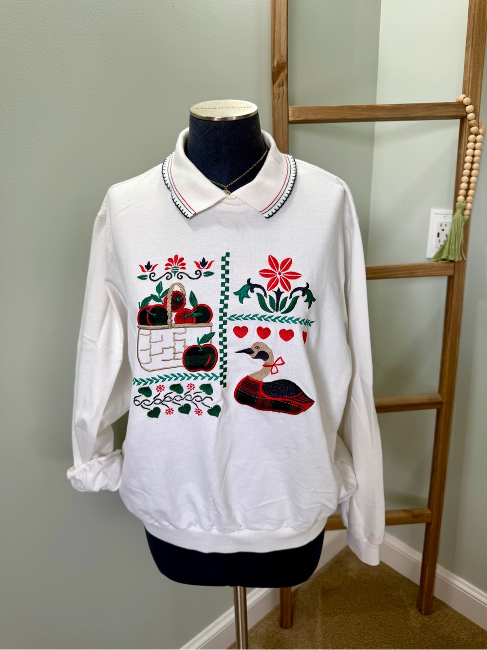 Vintage Alfred Dunner White Sweatshirt Collar Picnic Duck Flowers Size Large